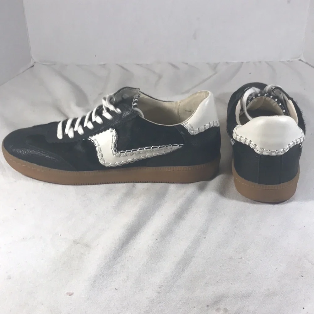 Dolce Vita Women Notice Black Leather & Fur Sneakers with White Stitched Accents